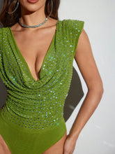Daniela Ricciardelli Designer Women's Green Rhinestone Swing Neck See-Through Party Bodysuit Sexy, Holiday, New Year, Thanksgiving